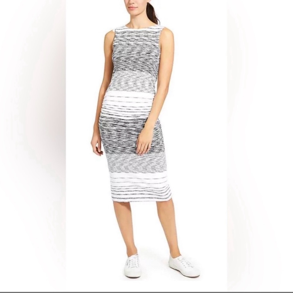 Athleta Comeback Midi Tank Dress Ruched. Black White Spacedye. Size Small.
